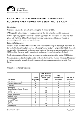 Long Term Mooring Price Review for Sites Within the Kennet & Avon Group