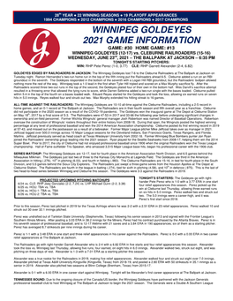 WINNIPEG GOLDEYES 2021 GAME INFORMATION GAME: #30 HOME GAME: #13 WINNIPEG GOLDEYES (12-17) Vs