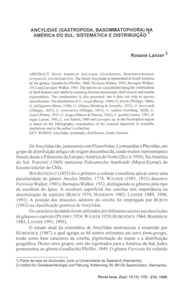 Ancylldae (GASTROPODA, BASOMMATOPHORA) NA AMÉRICA DO SUL: SISTEMÁTICA E Distribuição 1