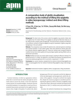 A Comparative Study of Glottis Visualization According to the Method of Lifting the Epiglottis in Video Laryngoscopy: Indirect and Direct Lifting Methods