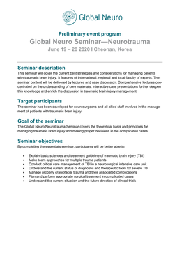 Global Neuro Seminar—Neurotrauma June 19 – 20 2020 I Cheonan, Korea