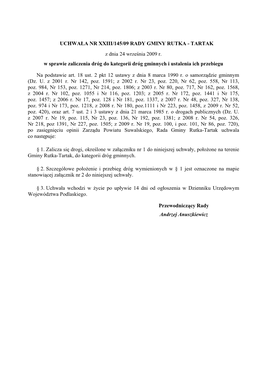 UCHWAŁA NR XXIII/145/09 RADY GMINY RUTKA - TARTAK Z Dnia 24 Września 2009 R