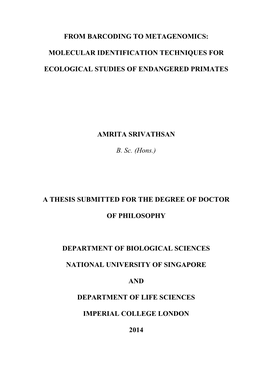 From Barcoding to Metagenomics: Molecular Identification Techniques for Ecological Studies of Endangered Primates Amrita Srivath