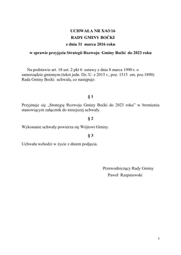 UCHWAŁA NR X/63/16 RADY GMINY BOĆKI Z Dnia 31 Marca 2016 Roku W Sprawie Przyjęcia Strategii Rozwoju Gminy Boćki Do 2023 R