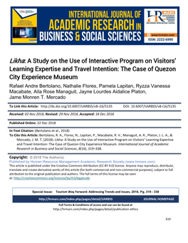 A Study on the Use of Interactive Program on Visitors’ Learning Expertise and Travel Intention: the Case of Quezon City Experience Museum