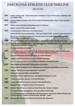 Pakuranga Athletic Club Timeline 1967 to 1994