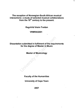 The Reception of Norwegian-South African Musical Interactions: a Study of Selected Musical Collaborations from the 19Th Century to the Present