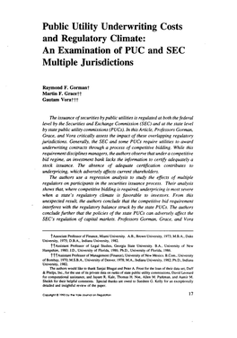 Public Utility Underwriting Costs and Regulatory Climate: an Examination of PUC and SEC Multiple Jurisdictions