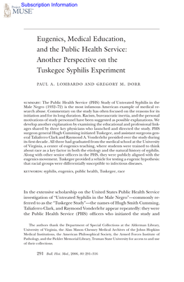 Eugenics, Medical Education, and the Public Health Service: Another Perspective on the Tuskegee Syphilis Experiment