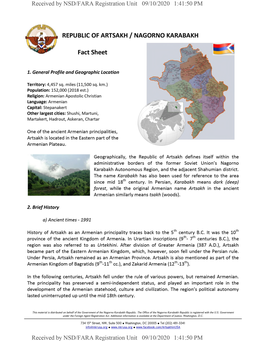 REPUBLIC of ARTSAKH / NAGORNO KARABAKH Fact Sheet