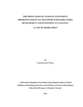 The Implication of National Investment Promotion Policy on Transport Infrastructures Development and Investment in Tanzania