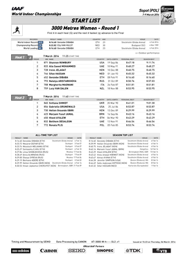 START LIST 3000 Metres Women - Round 1 First 4 in Each Heat (Q) and the Next 4 Fastest (Q) Advance to the Final