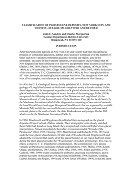 Classification of Pleistocene Deposits, New York City and Vicinity--Fuller (1914) Revived and Revised