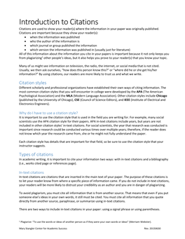 Introduction to Citations Citations Are Used to Show Your Reader(S) Where the Information in Your Paper Was Originally Published