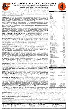 BALTIMORE ORIOLES GAME NOTES Oriole Park at Camden Yards  333 West Camden Street  Baltimore, MD 21201