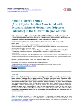 Associated with Ectoparasitism of Mosquitoes (Diptera: Culicidae) in the Midwest Region of Brazil