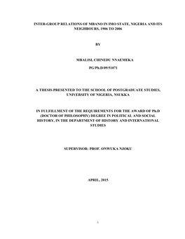 Inter-Group Relations of Mbano in Imo State, Nigeria and Its Neighbours, 1906 to 2006