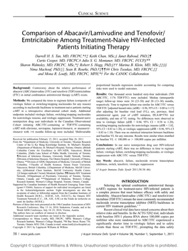 Comparison of Abacavir/Lamivudine and Tenofovir/ Emtricitabine Among Treatment-Naive HIV-Infected Patients Initiating Therapy