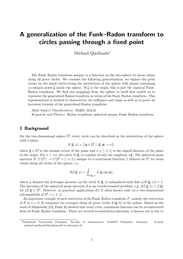 A Generalization of the Funk–Radon Transform to Circles Passing Through a ﬁxed Point