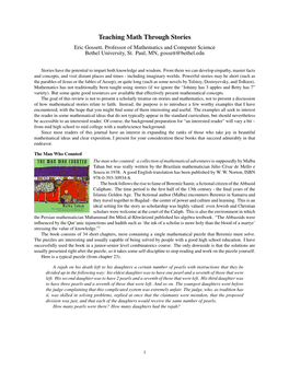 Teaching Math Through Stories Eric Gossett, Professor of Mathematics and Computer Science Bethel University, St