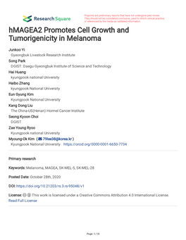 Hmagea2 Promotes Cell Growth and Tumorigenicity in Melanoma