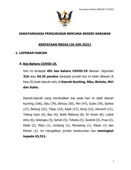 (26 JUN 2021) 1. LAPORAN HARIAN A. Kes Baharu COVID-19. Hari