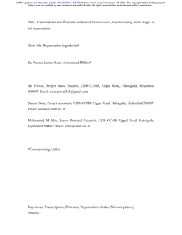 Transcriptome and Proteome Analysis of Hemidactylus Frenatus During Initial Stages of Tail Regeneration