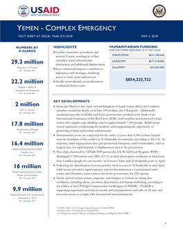 Yemen - Complex Emergency Fact Sheet #7, Fiscal Year (Fy) 2016 January 1, 2016