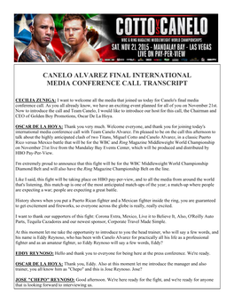 Canelo Alvarez Final International Media Conference Call Transcript