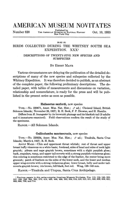 AMERICAN MUSEUM NOVITATES Published by Number 820 the AMERICAN MUSEUM of NATURAL HISTORY Oct