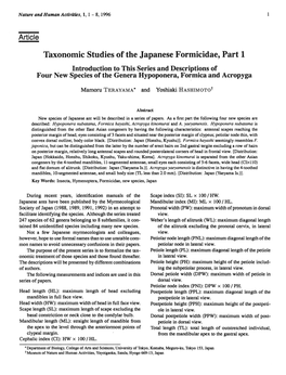 Taxonomic Studies of the Japanese Formicidae, Part1. Introduction To