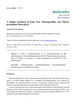 A Simple Synthesis of Some New Thienopyridine and Thieno- Pyrimidine Derivatives