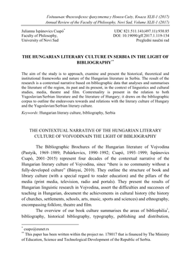 The Hungarian Literary Culture in Serbia in the Light of Bibliography**