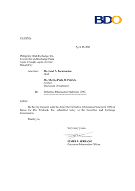 Via Odisy April 18, 2011 Philippine Stock Exchange, Inc. Tower One and Exchange Plaza Ayala Triangle, Ayala Avenue Makati City A