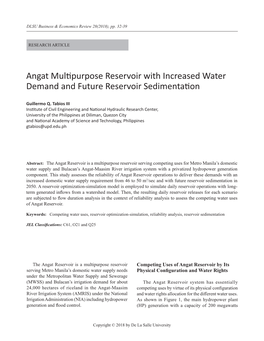 Angat Multipurpose Reservoir with Increased Water Demand and Future Reservoir Sedimentation