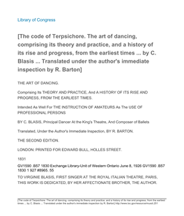 The Code of Terpsichore. the Art of Dancing, Comprising Its Theory and Practice, and a History of Its Rise and Progress, from the Earliest Times