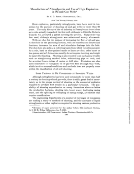 Manufacture of Nitroglycerin and Use of High Explosives in Oil and Gas Wells*