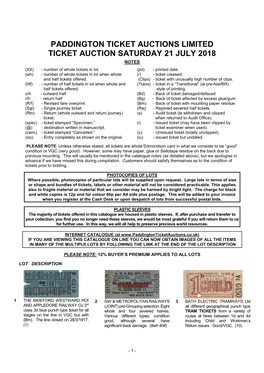Paddington Ticket Auctions Limited Ticket Auction Saturday 21 July 2018