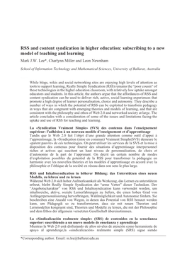 RSS and Content Syndication in Higher Education: Subscribing to a New Model of Teaching and Learning Mark J.W