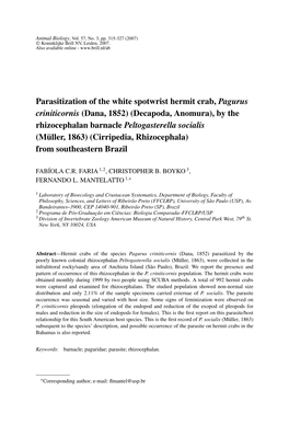 Parasitization of the White Spotwrist Hermit Crab, Pagurus Criniticornis