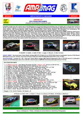 BRITISH GT SPA FRANCORCHAMPS Cinquième Manche (Round 7) Les 20 Et 21 Juillet