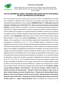 Ata Da Assembleia Geral Ordinária Realizada No Dia 26 De Março De 2021 No Município De Ibatiba/Es