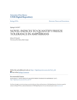 NOVEL INDICES to QUANTIFY FREEZE TOLERANCE in AMPHIBIANS Jolene R