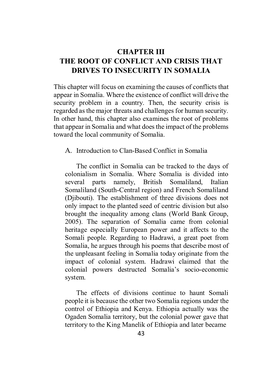 Chapter Iii the Root of Conflict and Crisis That Drives to Insecurity in Somalia