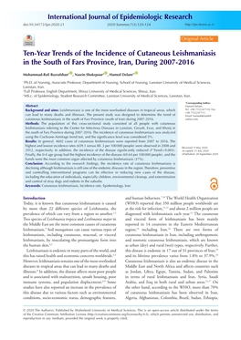 Ten-Year Trends of the Incidence of Cutaneous Leishmaniasis in the South of Fars Province, Iran, During 2007-2016
