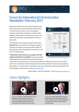 Forum for International Criminal Justice Newsletter: February 2017