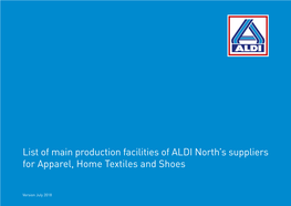 List of Main Production Facilities of ALDI North's Suppliers for Apparel, Home Textiles and Shoes