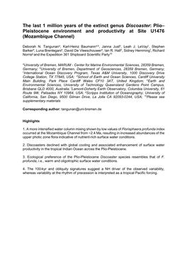 The Last 1 Million Years of the Extinct Genus Discoaster: Plio– Pleistocene Environment and Productivity at Site U1476 (Mozambique Channel)