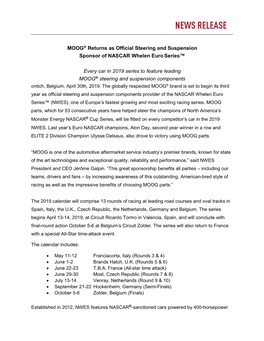 MOOG® Returns As Official Steering and Suspension Sponsor of NASCAR Whelen Euro Series™