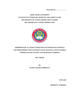 Thesis Ref No………………….. ADDIS ABABA UNIVERSITY COLLEGE of VETERINARY MEDICINE and AGRICULTURE DEPARTMENT of ANIMAL